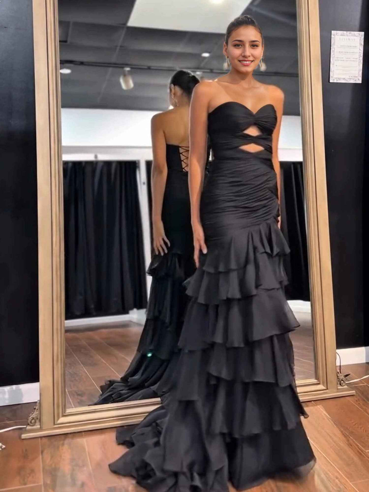 Black Tiered Hollow Out Mermaid Strapless Prom Dress 2026