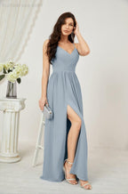 Neck Bridesmaid Dresses Chiffon Long Spaghetti A-line Formal Prom Gown for Wedding Party Evening 2801