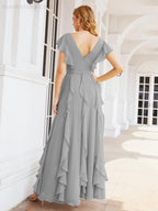 Ruffled Bridesmaid Dresses with Sleeves Long Formal Party Dress 28041