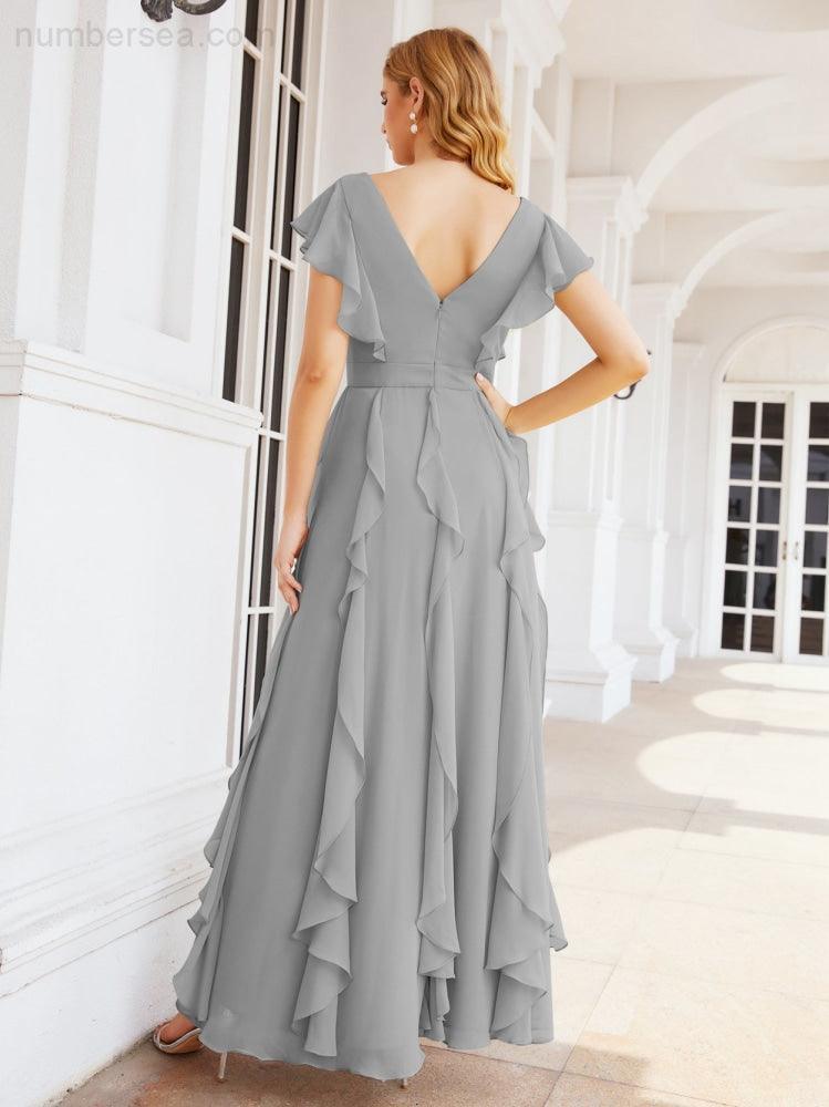 Ruffled Bridesmaid Dresses with Sleeves Long Formal Party Dress 28041