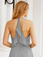 Halter Chiffon Bridesmaid Dresses Wedding Appare Sleeveless Formal Prom Dress with Ruffled Back 28035