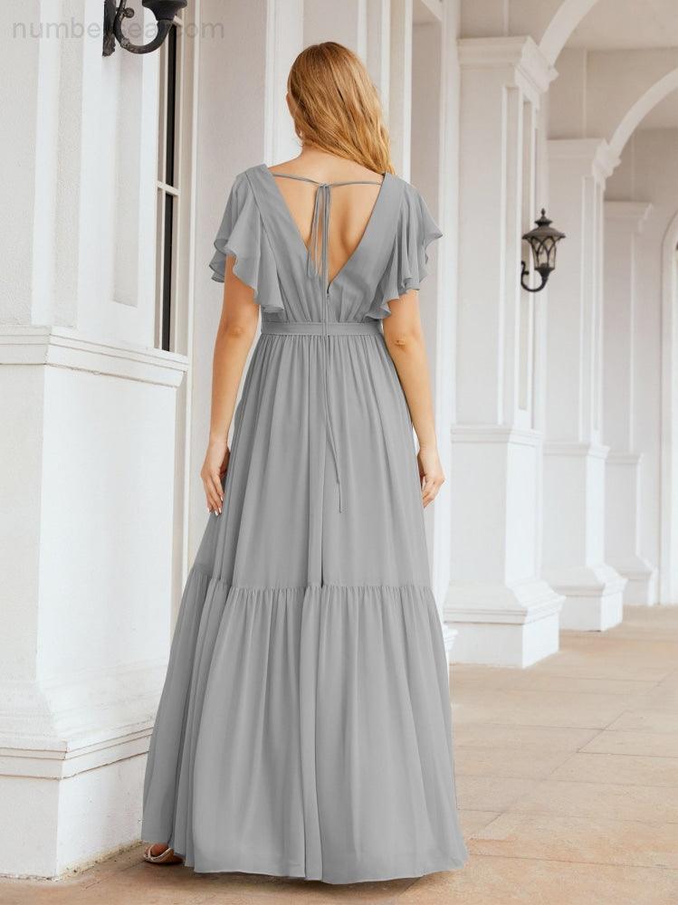 Abiti da sera formali da donna Numbersea con schiena scoperta, scollo a V, lunghi in chiffon, abiti da damigella con cintura in vita 28038