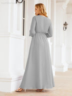 Vestito da damigella d'onore in chiffon da donna Numbersea, linea a trapezio, maniche lunghe, abito lungo formale da sera per ospite di matrimonio 28032