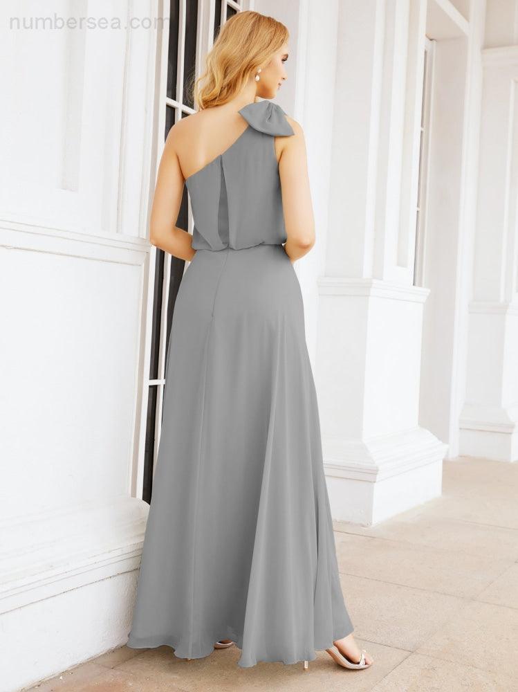 Chiffon Ruffled One Shoulder Sleeveless Long Bride Dresses A-line Formal Evening Gown Side Split 28057