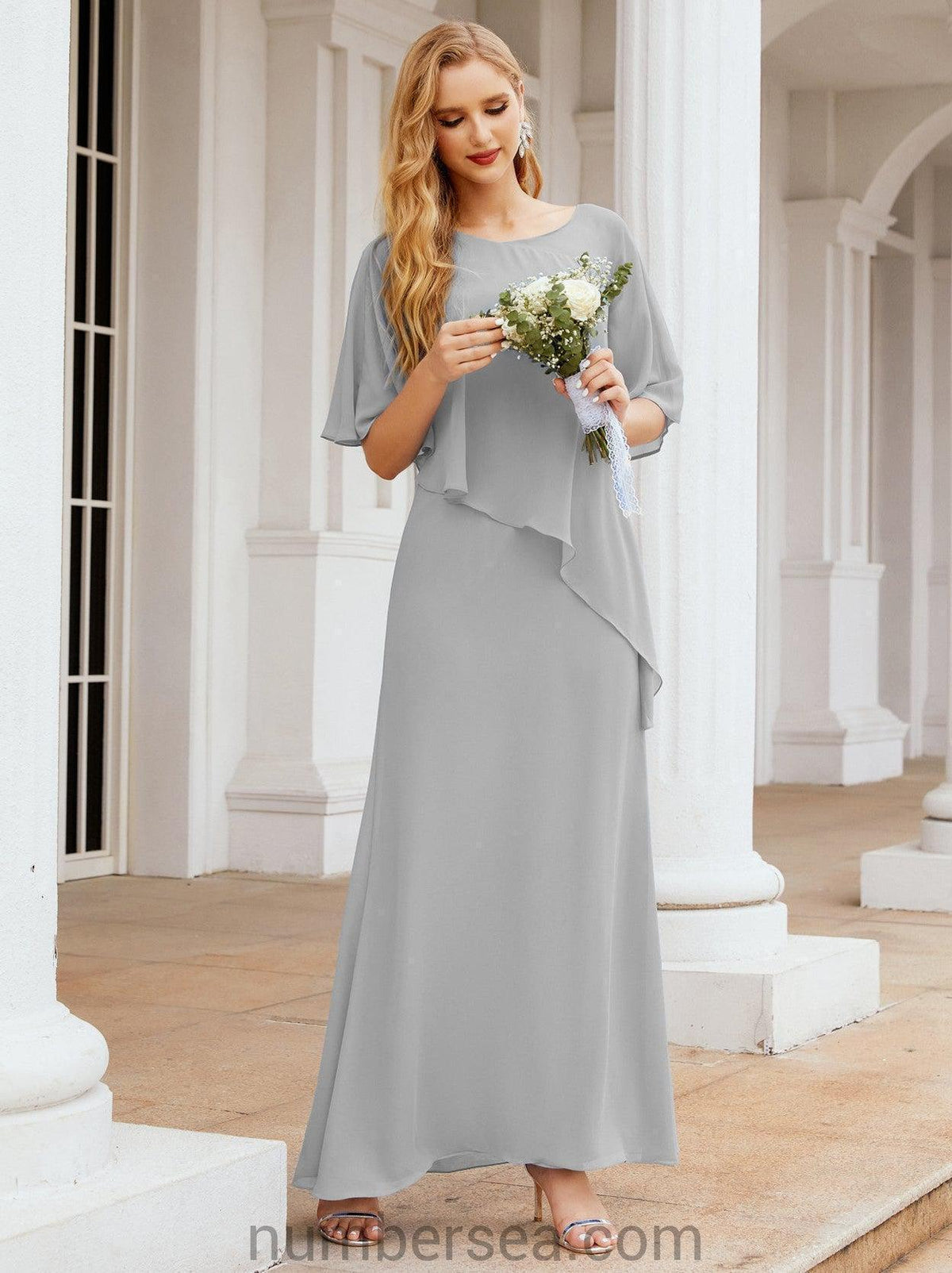 Numbersea Festliches Abendkleid Lang Mutter der Braut Kleid mit Rüschencape 28026