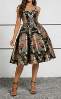 Black Brocade Floral Midi Dress with Sweetheart Neck & Spaghetti Straps