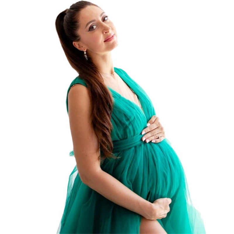 V-neck high split big belly dress, tulle maternity dress, draped long mesh pregnancy evening dress