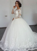 Vintage Off the Shoulder Long Sleeves Ball Gown Wedding Dress with Applique Lace