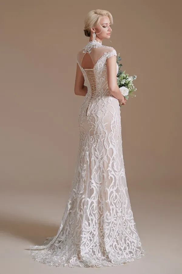 Sexy Lace Mermaid Wedding Dress With High Neck And Long Sleeves