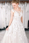 Charming Bateau Floor Length Tulle A Line Wedding Dress With Applique Lace Pearl