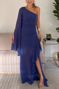 Vestito lungo in chiffon a spalla scoperta con maniche a campana e spacco laterale per la tua serata speciale