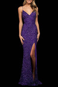 Abito da sera sexy formale in paillettes solido, senza schienale, con scollo a V e spacco