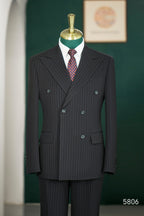 Black Pinstripe Wool 3Piece Double Breasted Wedding Suit For Groom Groomsmen