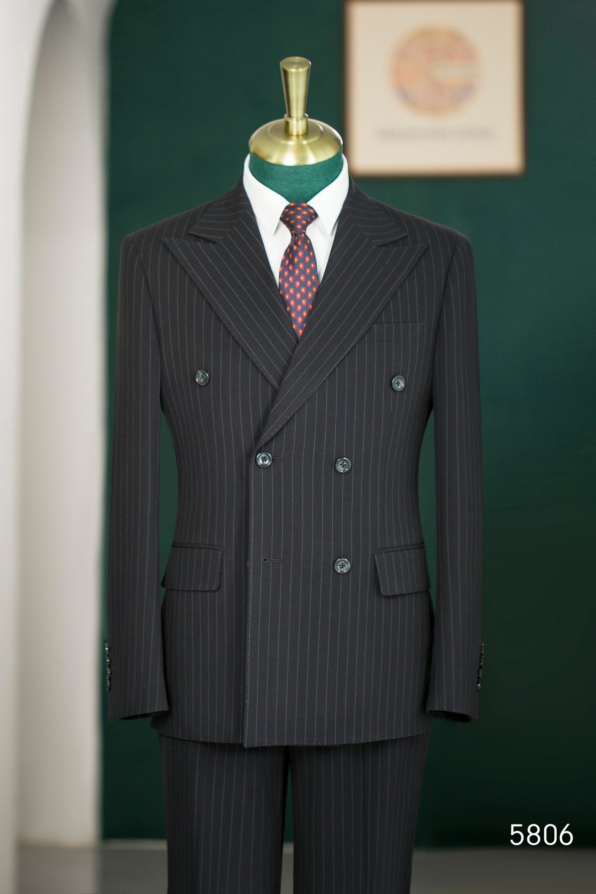 Black Pinstripe Wool 3Piece Double Breasted Wedding Suit For Groom Groomsmen