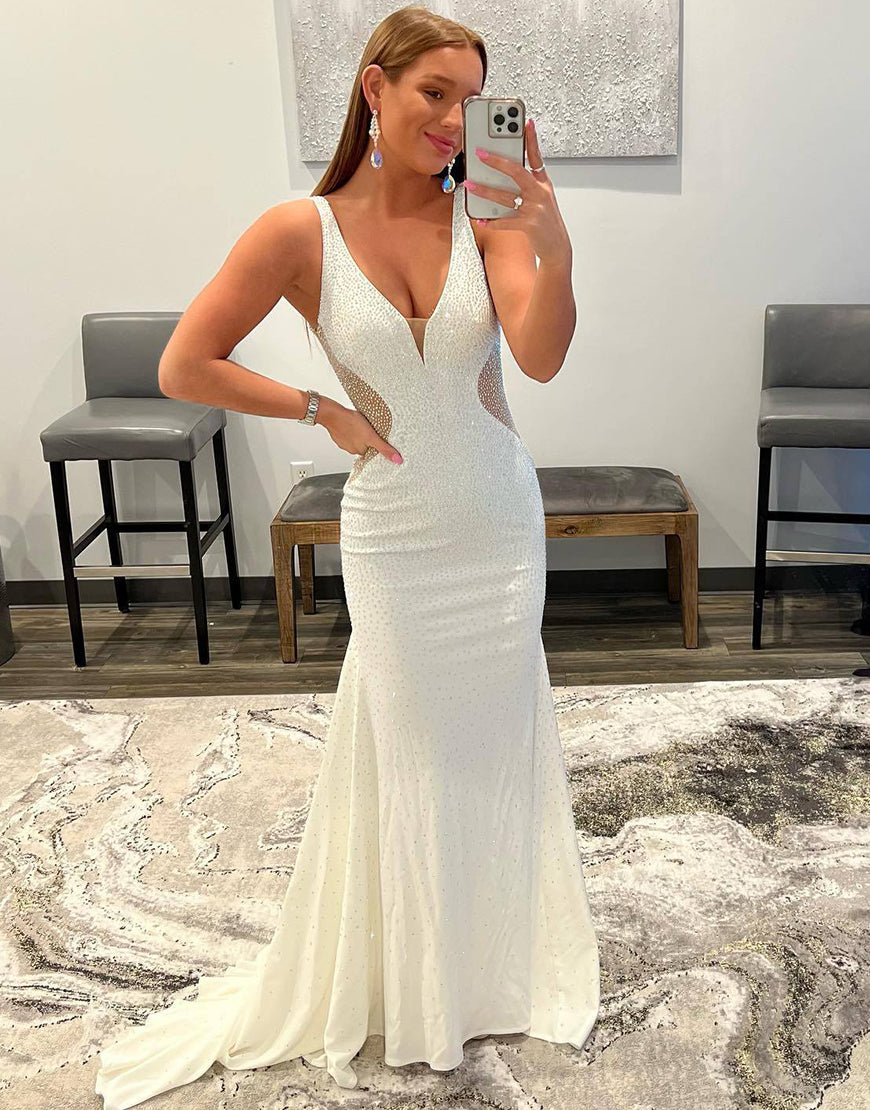 Tonya Abito da Sera con Perline Bianco Sirena