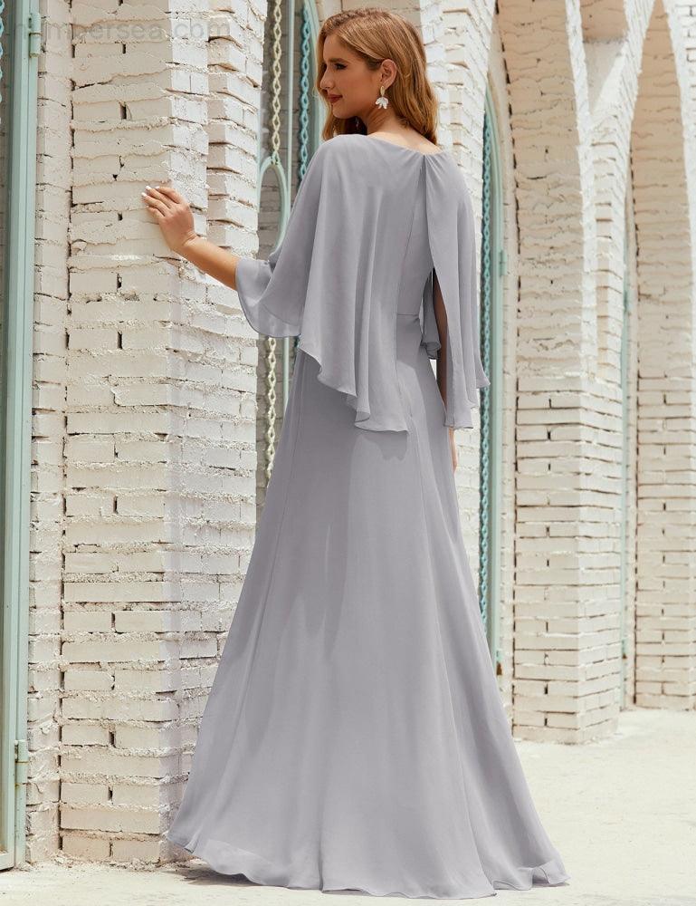 Bridesmaid Dress Women Long Sleeve V-Neck Chiffon Formal Wedding Party Dress 28018
