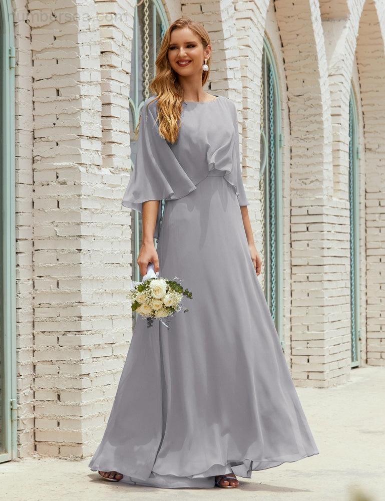 Bridesmaid Dress Women Long Sleeve V-Neck Chiffon Formal Wedding Party Dress 28018