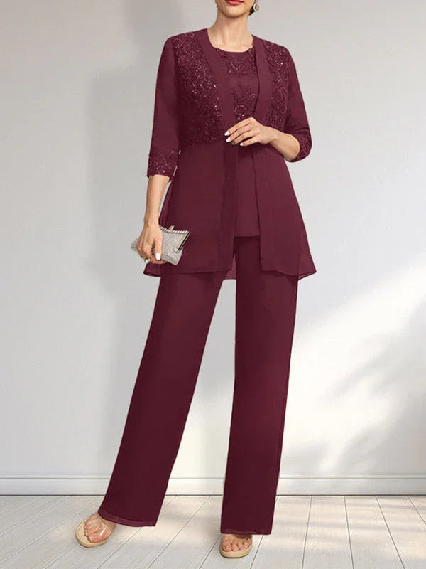 Tuta/Pantaloni Separati con Scollo a U, Lunghezza a Terra, in Chiffon e Pizzo, Abito per Madre della Sposa con Paillettes