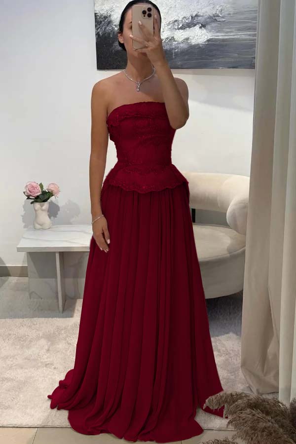 Chic Strapless Sleeveless Long Pleated Beaded Custom Prom Dress