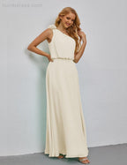 Ruffled One Shoulder Sleeveless Long Bridesmaid Dresses A-line Formal Evening Gown Side Split 28080