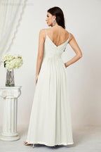 Chiffon V-Neck Bridesmaid Dress Spaghetti Strap Long Formal Party Prom Gowns with Slit 28010