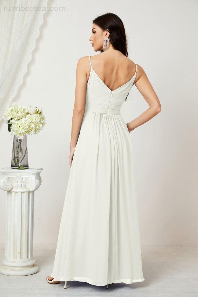 Chiffon V-Neck Bridesmaid Dress Spaghetti Strap Long Formal Party Prom Gowns with Slit 28010