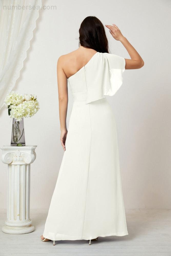 Chiffon Ruffled One Shoulder Long Bridesmaid Dresses A-line Formal Evening Gown Side Split 2809
