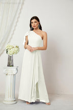 Chiffon Ruffled One Shoulder Long Bridesmaid Dresses A-line Formal Evening Gown Side Split 2809