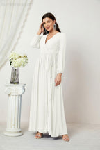 Evening Dresses Deep V-Neck Chiffon Bridesmaid Dresses Long Bishop Sleeve Side Split Formal Dress 2806