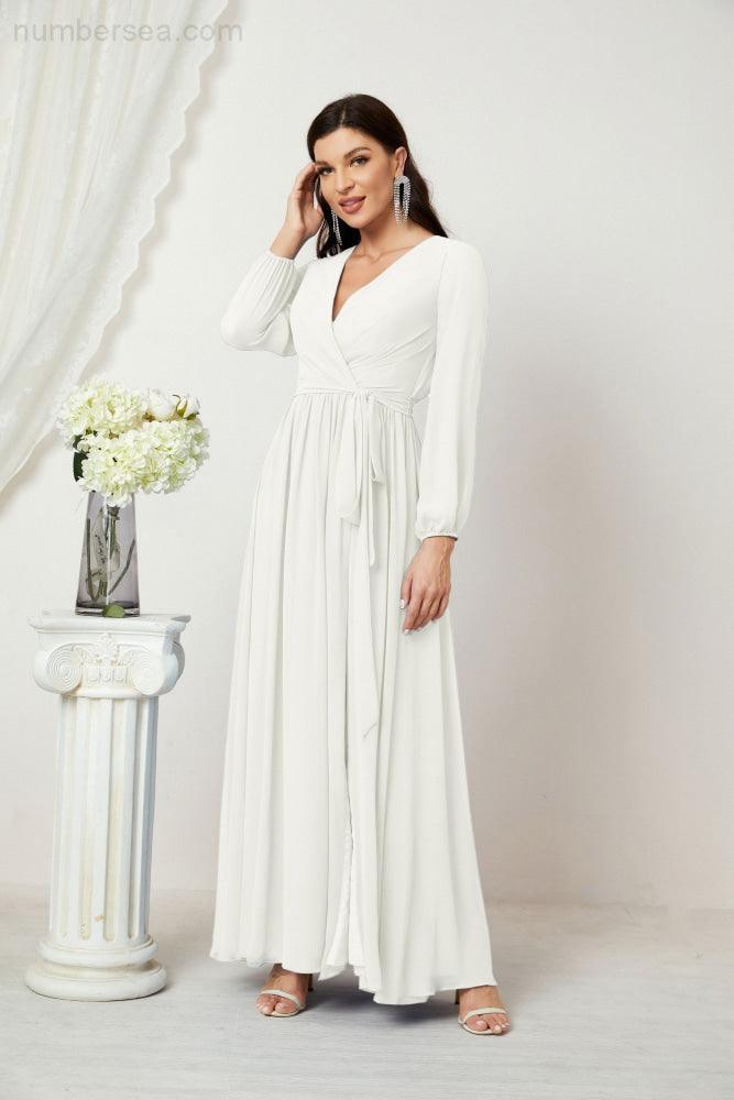 Evening Dresses Deep V-Neck Chiffon Bridesmaid Dresses Long Bishop Sleeve Side Split Formal Dress 2806