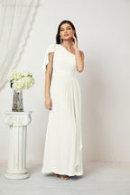 Chiffon Ruffled One Shoulder Long Bridesmaid Dresses A-line Formal Evening Gown Side Split 2809