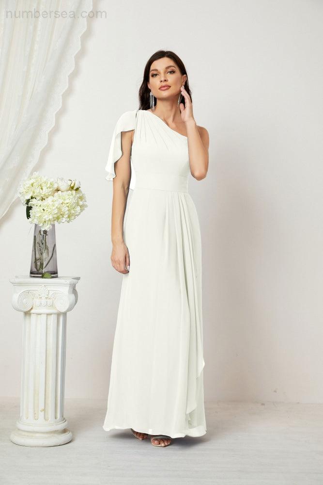 Chiffon Ruffled One Shoulder Long Bridesmaid Dresses A-line Formal Evening Gown Side Split 2809