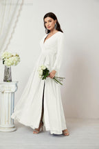 Evening Dresses Deep V-Neck Chiffon Bridesmaid Dresses Long Bishop Sleeve Side Split Formal Dress 2806