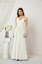 Chiffon V-Neck Bridesmaid Dress Spaghetti Strap Long Formal Party Prom Gowns with Slit 28010