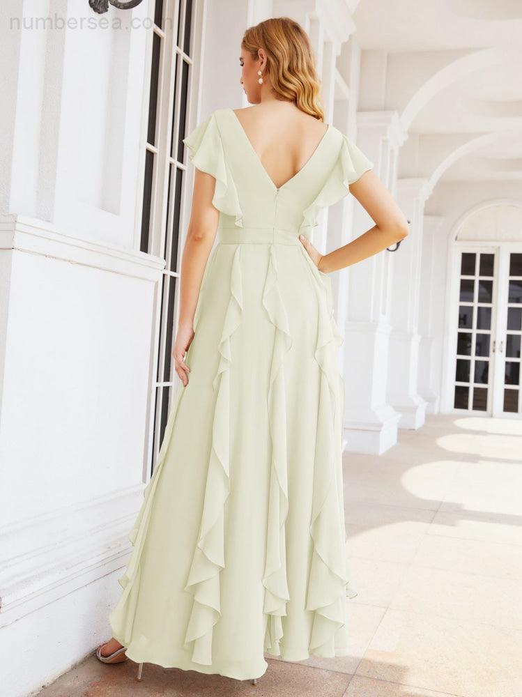 Ruffled Bridesmaid Dresses with Sleeves Long Formal Party Dress 28041