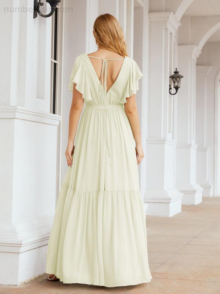 Abiti da sera formali da donna Numbersea con schiena scoperta, scollo a V, lunghi in chiffon, abiti da damigella con cintura in vita 28038
