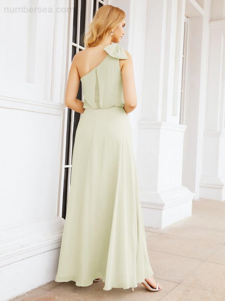 Chiffon Ruffled One Shoulder Sleeveless Long Bride Dresses A-line Formal Evening Gown Side Split 28057