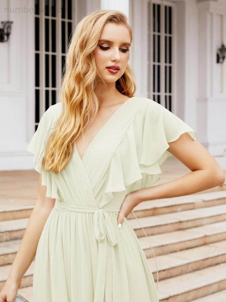 Abiti da sera formali da donna Numbersea con schiena scoperta, scollo a V, lunghi in chiffon, abiti da damigella con cintura in vita 28038