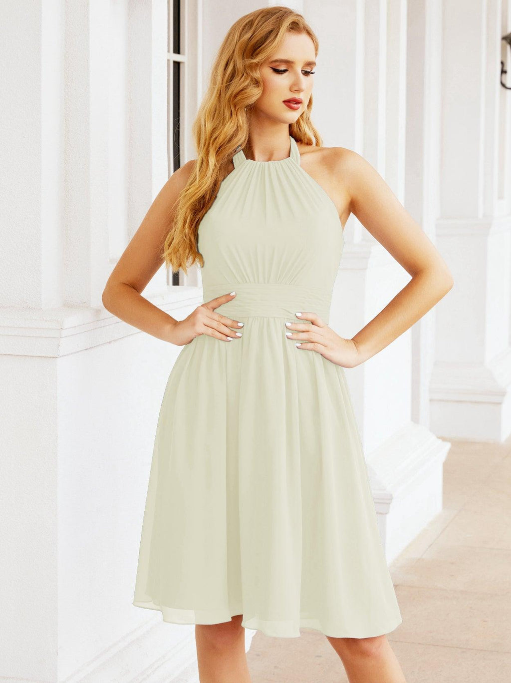 Halter Chiffon Bridesmaid Dresses Short Sleeveless Formal Party Dress Open Back 28023