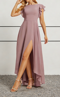 Vestido Midi Assimétrico em Chiffon Rosa Empoeirado com Decote Barco, Mangas Fluídas e Costas em V