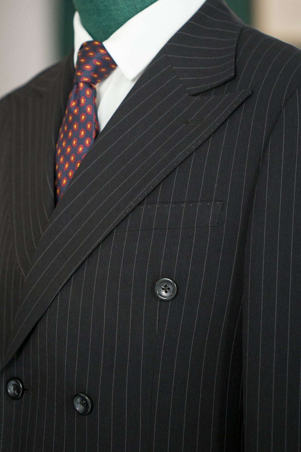 Black Pinstripe Wool 3Piece Double Breasted Wedding Suit For Groom Groomsmen