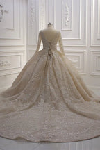 Beautiful Long Sleeve V Neck Ball Gown Wedding Dress With Sequins Beads Ruffles