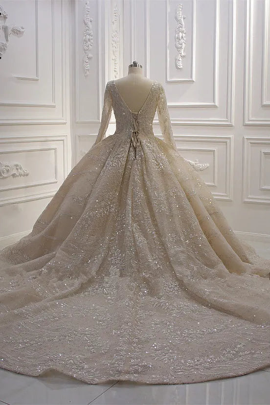 Beautiful Long Sleeve V Neck Ball Gown Wedding Dress With Sequins Beads Ruffles