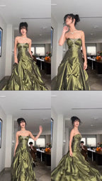 Vestido longo verde de cetim sem alças com contas, vestido formal para baile e aniversário, vestido de baile Y7533