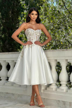 White Satin A Line Strapless Sweetheart Tea Length Prom Dress With Lace