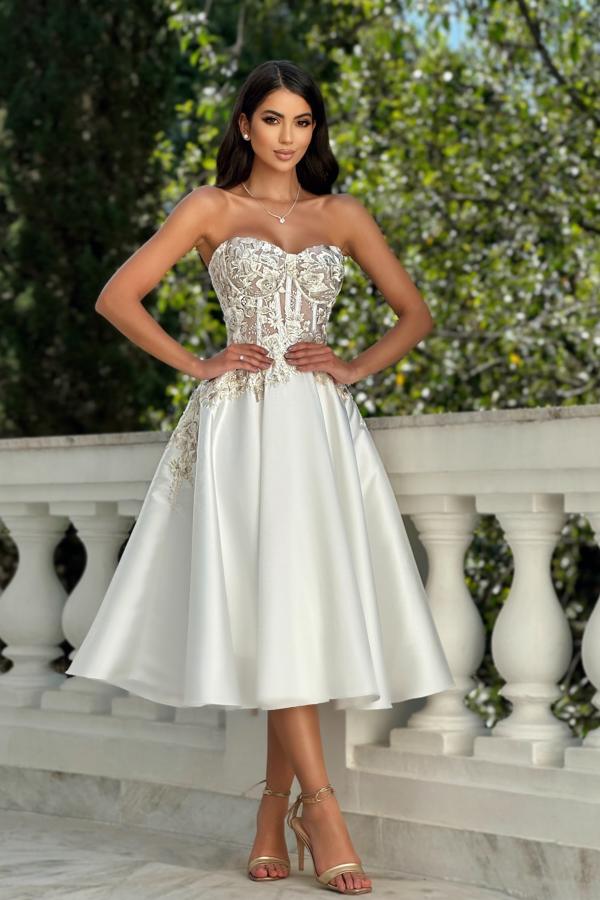 White Satin A Line Strapless Sweetheart Tea Length Prom Dress With Lace