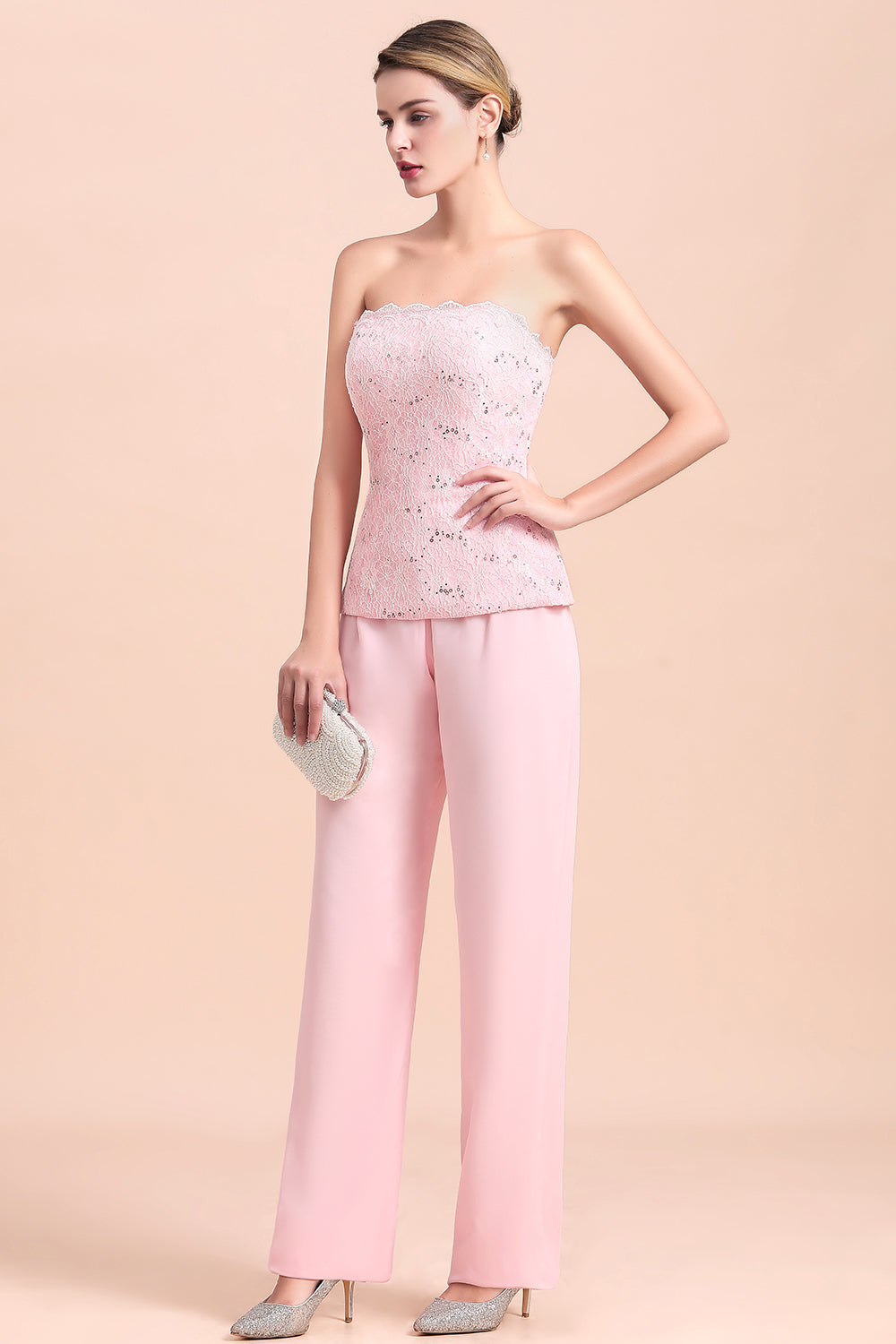 BMbridal Elegant Strapless Appliques Mother of Bride Jumpsuit with Long Sleeves Wraps