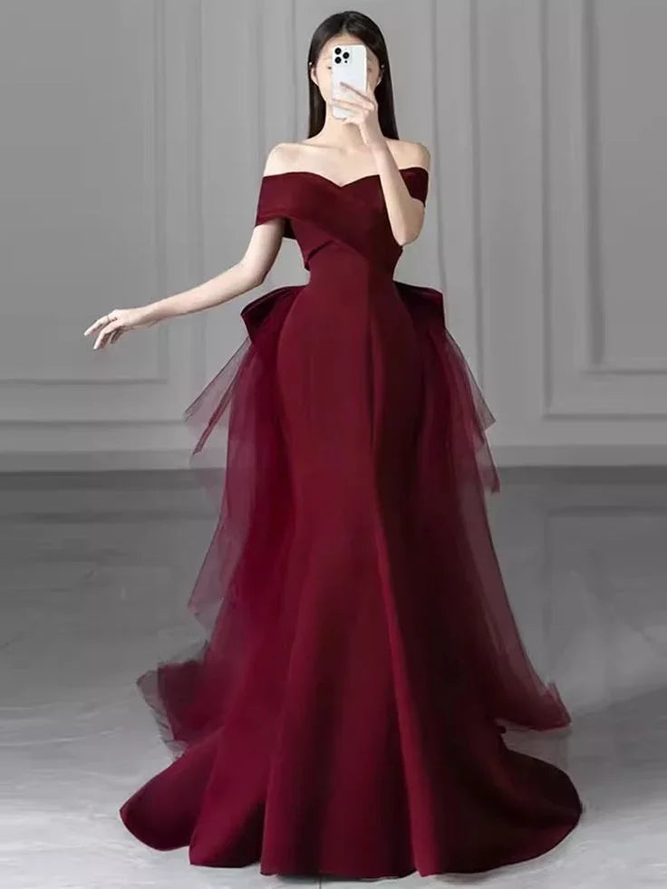 Vestido de Noite Ombro a Ombro Sereia com Laço Borgonha Vestido de Baile Y7181