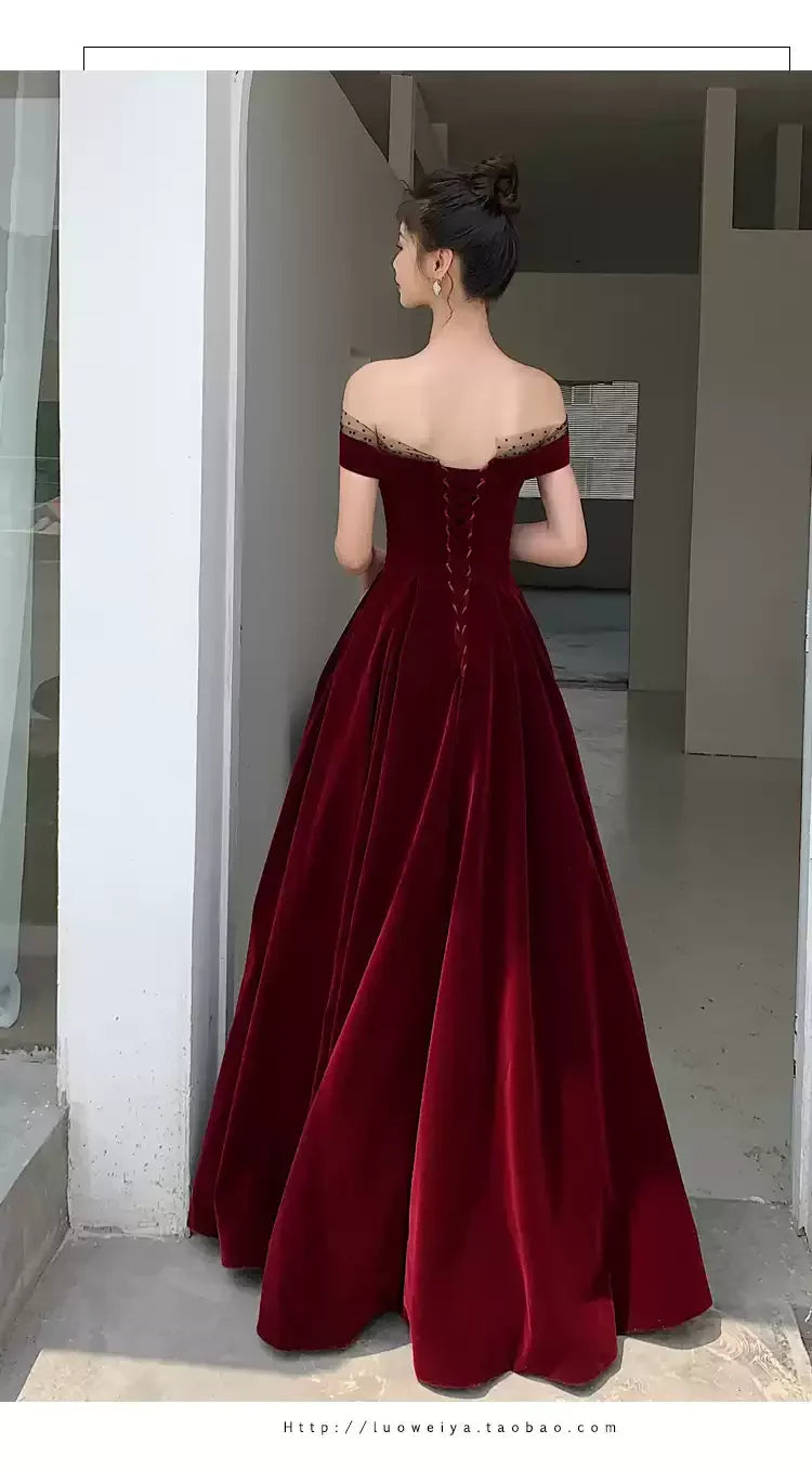 Burgundy Velvet Long Prom Dresses, A-Line Evening Dresses Y1173