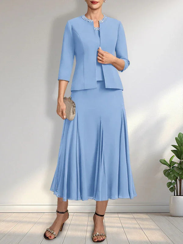 Getrenntes A-Linien Kleid mit U-Boot-Ausschnitt in Tee-Länge aus Chiffon für die Brautmutter mit Paillettenstickerei